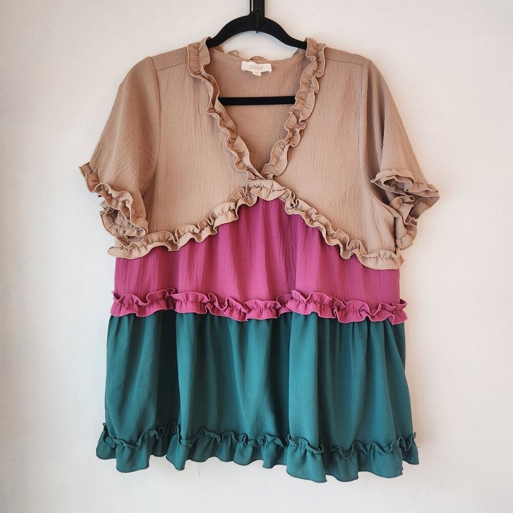 Oddy Tiered Ruffled Blouse Top Shirt Colorblocked Spring Fall Women's M